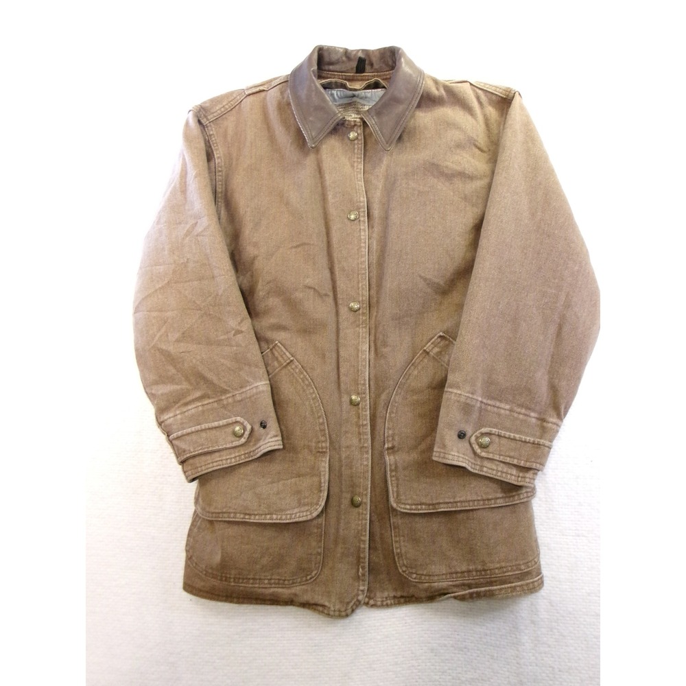 Woolrich Field Jacket Mens S Brown Excellent Canvas Leather Trim Wool Lined USA
